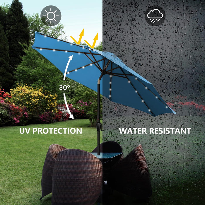 9' round Patio Umbrella with 32 Solar Powered LED Lights, Push-Button Tilt and Hand Crank Lift, Solar Umbrella in Teal for Porch, Deck, and Patio by