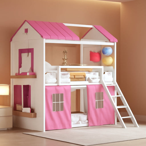 TwinOverTwin HousePlayhouse Bunk Bed PinkWhite Windows