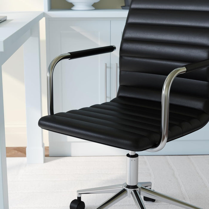 Taytum Swivel Task Chair with Armrests for Home Office in Black Faux Leather with Polished Nickel Frame
