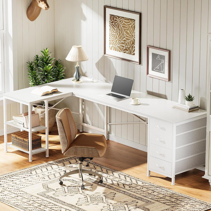 63 Inch L Shaped Desk with Fabric Drawers, Reversible Computer Gaming Desk with Power Outlets and USB-C Port, Adjustable Side Storage Shelves, for Work Study Corner Home Office, White