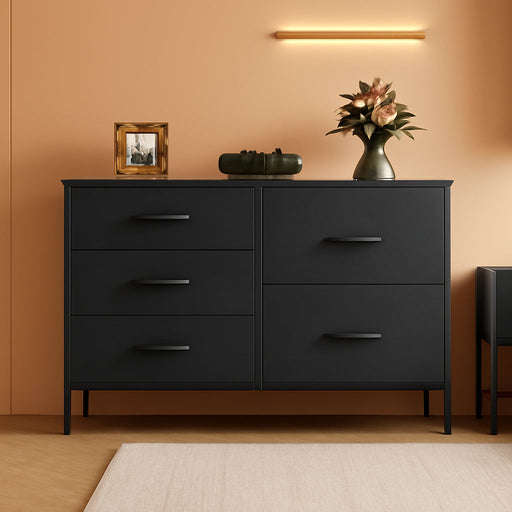 Dresser for Bedroom with 5 Drawers, Wide Bedroom Dresser with Drawer Organizers, Chest of Drawers, Fabric Dresser for Living Room, Closet, Hallway, Charcoal Black
