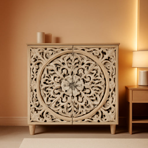 Handcrafted Oak Wood Cabinet With Floral Embellishments