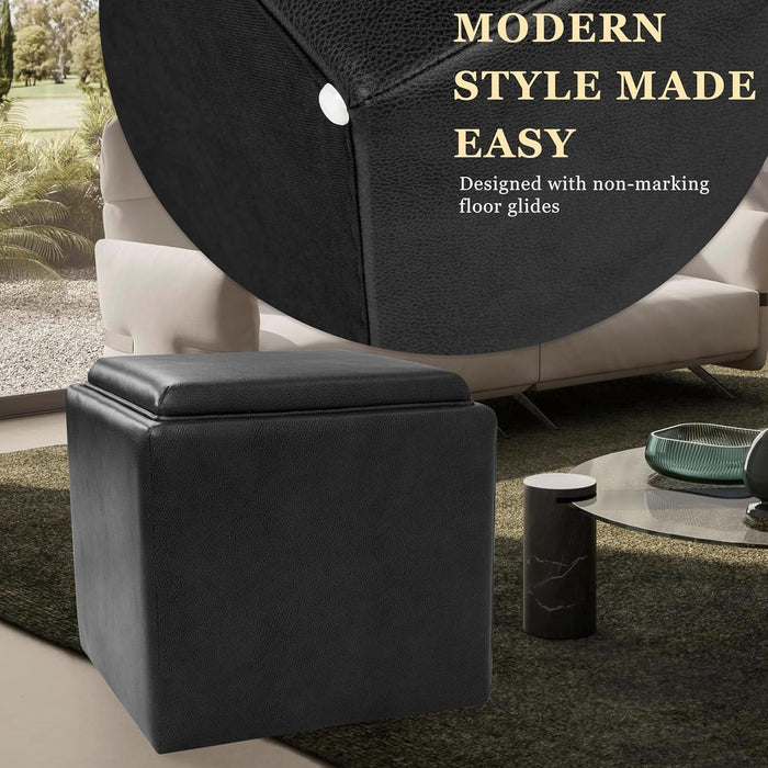 Home Decor Storage Ottoman with Tray Top|Upholstered Modern Square Storage Ottoman with Storage for Living Room & Bedroom, Black Faux Leather