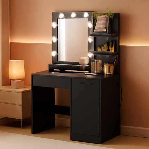 VASAGLE Kailyn Collection - Vanity Desk with Power Outlets and LED Lights, 35.4-Inch Wide Makeup Table with Mirror, Drawer and Cabinet, for Bedroom, Ink Black URDT128C01S
