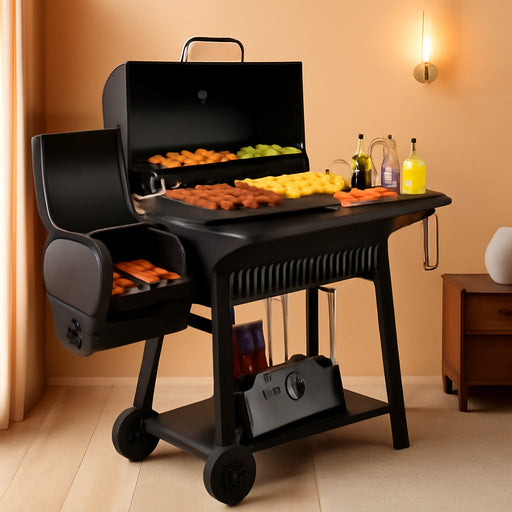 Barrel Charcoal Grill with Offset Smoker, 824 Sq. In. Cooking Area,Frame Tool Hooks, Bottom Shelf, Blow-Molded Wheels, Outdoor Charcoal Grill for Backyard Cooking, Black, CC1831S-SC