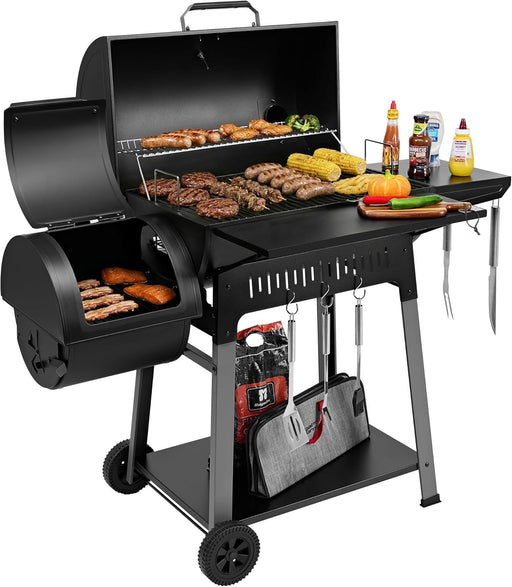Barrel Charcoal Grill with Offset Smoker, 824 Sq. In. Cooking Area,Frame Tool Hooks, Bottom Shelf, Blow-Molded Wheels, Outdoor Charcoal Grill for Backyard Cooking, Black, CC1831S-SC