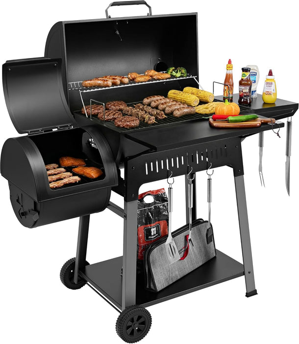 Barrel Charcoal Grill with Offset Smoker, 824 Sq. In. Cooking Area,Frame Tool Hooks, Bottom Shelf, Blow-Molded Wheels, Outdoor Charcoal Grill for Backyard Cooking, Black, CC1831S-SC