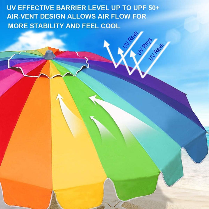 7.5Ft Heavy Duty HIGH Wind Beach Umbrella with Sand Anchor & Tilt Sun Shelter, UV 50+ Protection Outdoor Umbrellas Sunshade with Carry Bag for Patio Garden Pool Backyard Rainbow