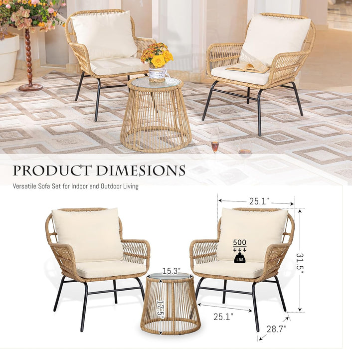 Set of 3 Boho Outdoor Patio Furniture Sets with round Tempered Glass Table, Small Size Wicker Conversation Sectional Chair Sets for Backyard, Porch, Deck, Garden, Balcony