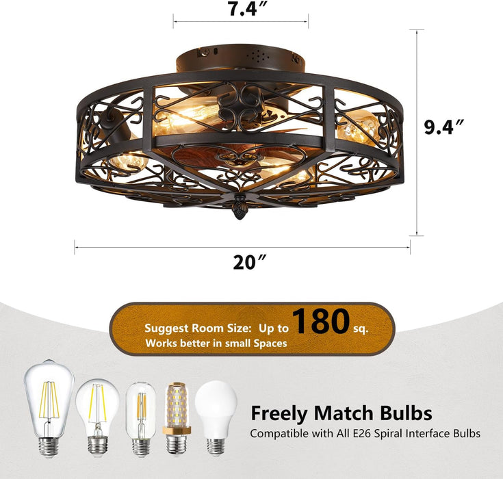 20" Caged Farmhouse Flush Mount Ceiling Fan with Light and Remote Control Bladeless Low Profile Ceiling Fans with Lights Enclosed Vintage Fan 6 Speed Reversible for Kitchen, Bedroom