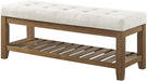 Large Rectangular Upholstered Tufted Linen Ottoman Bench, Padded Bench with Solid Wood Shelf-Ivory