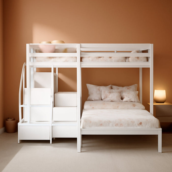 Twin over Twin & Twin Bunk Bed, Triple Bunk Beds with 4-Step Storage Stair, Guardrail & Solid Wood Structure, Wooden 3 Bunk Beds for Kids Teens, No Box Spring Needed, White