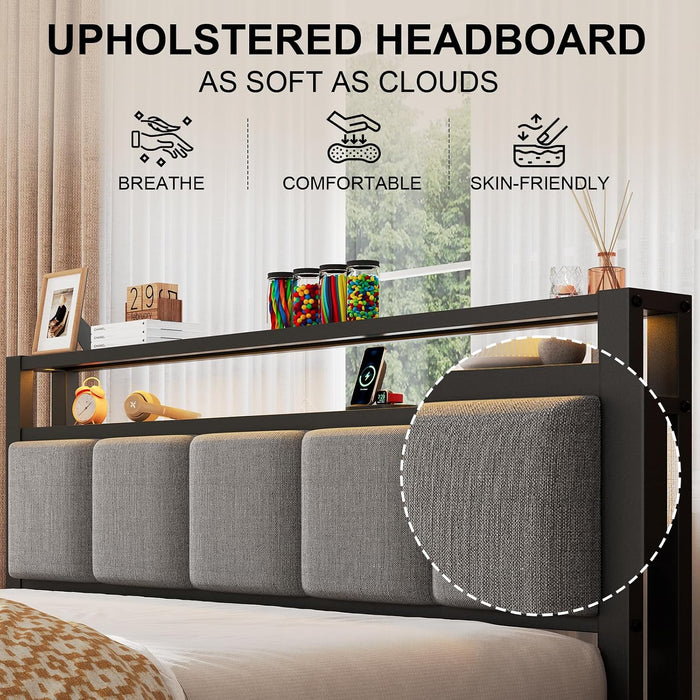 Full Size Bed Frame with LED Lights and Charging Station, Grey