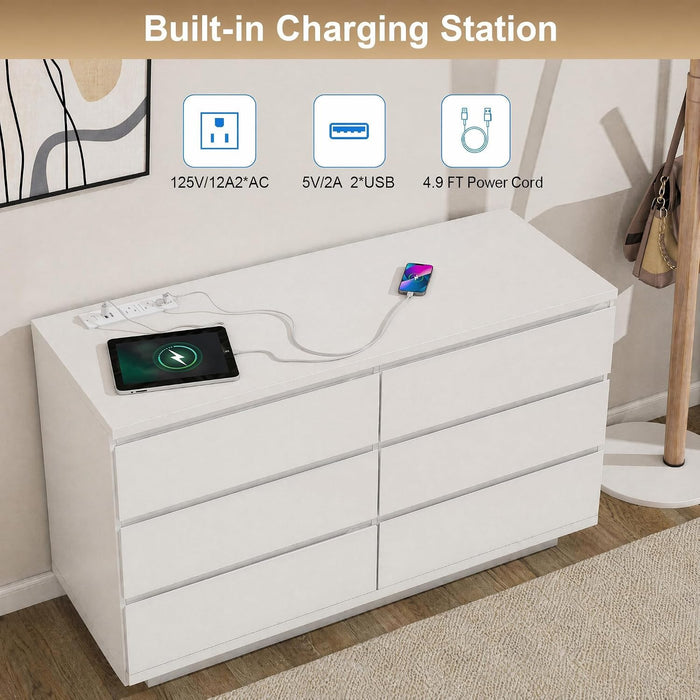 White 6 Drawer Dresser with Led Light and Charging Station for Bedroom
