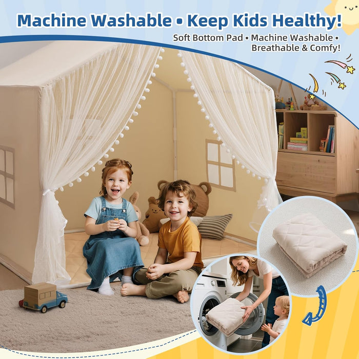 Large Kids Play Tent, 55.1In Length, Fits 3-4 Children,Indoor Playhouse for Kids, with Padded Mat and Lights, Bed Tent for Toddler, Birthday for Boys Girls