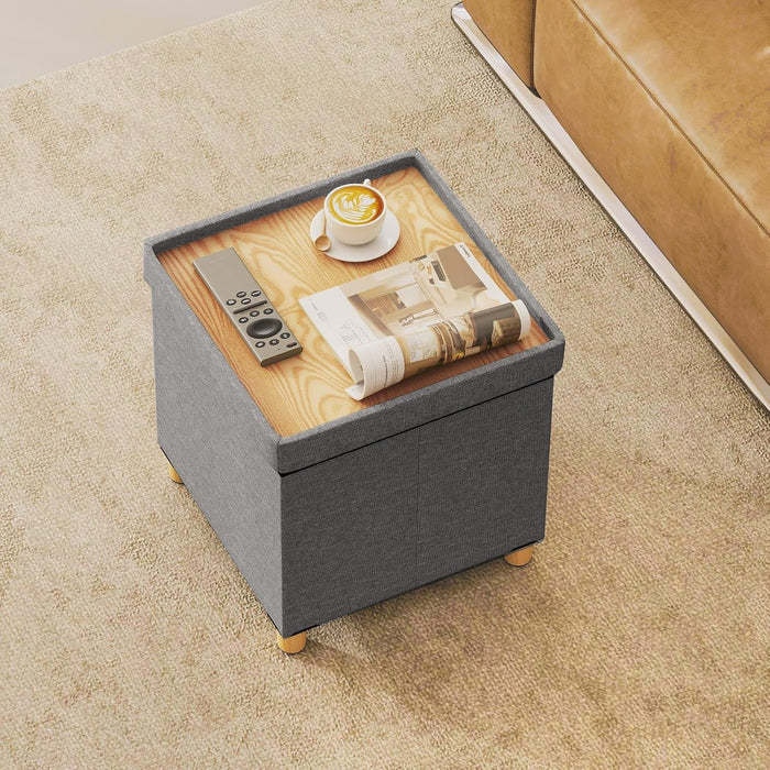 Small Storage Ottoman Cube with Tray Lid, Folding Linen Fabric Foot Stool with Elevated Wooden Legs, Multi-Functional Ottoman Foot Rest for Living Room, Bedroom, Entryway, 18 X 18 X 18 Inches