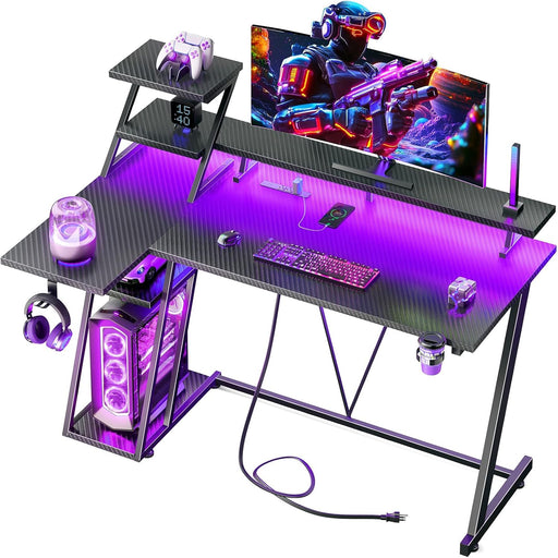 40 Inch Gaming Desk with LED Lights & Power Outlet, L Shaped Computer Gaming Table with Storage Shelves, Reversible Corner Desk with Monitor Stand for Home Office, Carbon Fiber Black