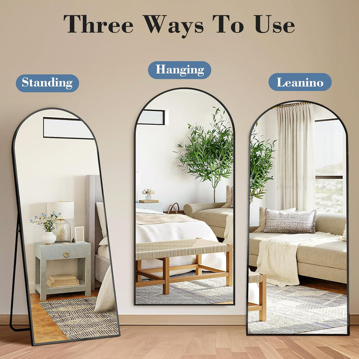 Arched Full Length Mirror with Stand Floor Standing Aluminum Frame for Bedroom Body Hanging Leaning Modern Simple Home Decor Shatter-Proorf Nano Glass Wall Living Room Cloakroom Black 56"X21"