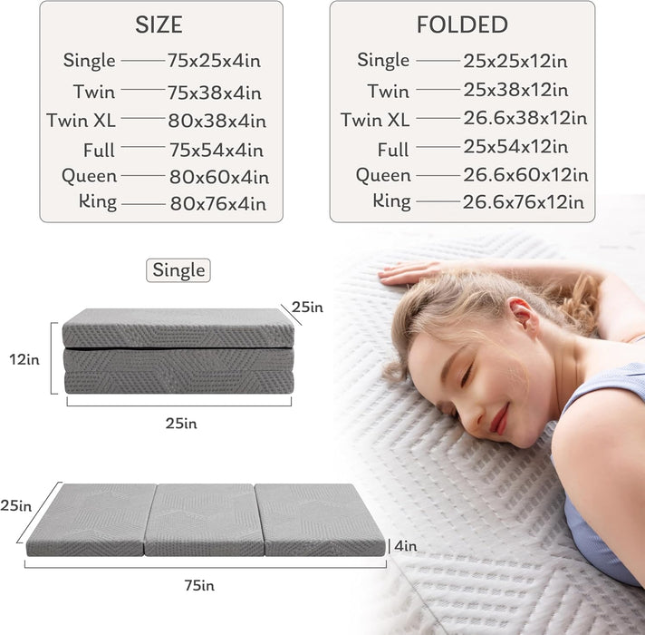Tri-Fold Memory Foam Mattress, 4 Inch Queen Folding Mattress with Collapsible and Washable Cover, Travel and Guest Mat, 80"×60"×4", Grey
