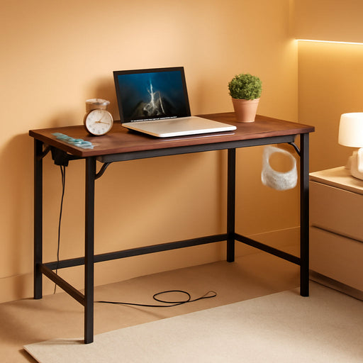 Computer Desk, Home Office Desk with Power Outlet, Modern Study Writing Desk with 3 Hooks for Study Room, Home Office, Sturdy and Stable, Easy to Assemble, Rustic Brown and Black BF41UDN01