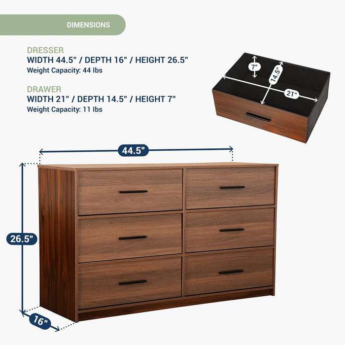 6-Drawer Dresser W/Fabric Drawers, Modern,Storage Chest,Walnut