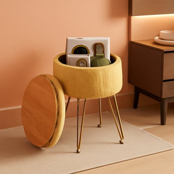 Velvet Ottoman round Footrest Footstools with Storage Space Soft Vanity Chair with Memory Foam Seat Small Side Table Hallway Step Stool 4 Gold Metal Legs with Adjustable Footings Ginger