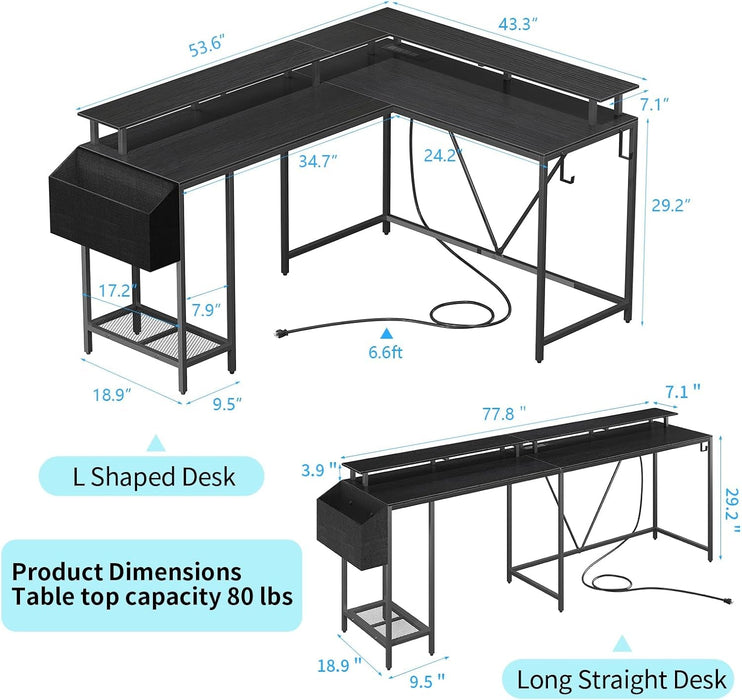53Inch L Shaped Desk,L Shaped Gaming Desk with Power Outlets & LED Lights, Computer Desk with Monitor Stand & Storage Bag, Home Office Desk Corner Desk with Hooks, Easy to Assemble, Black - ShipItFurniture