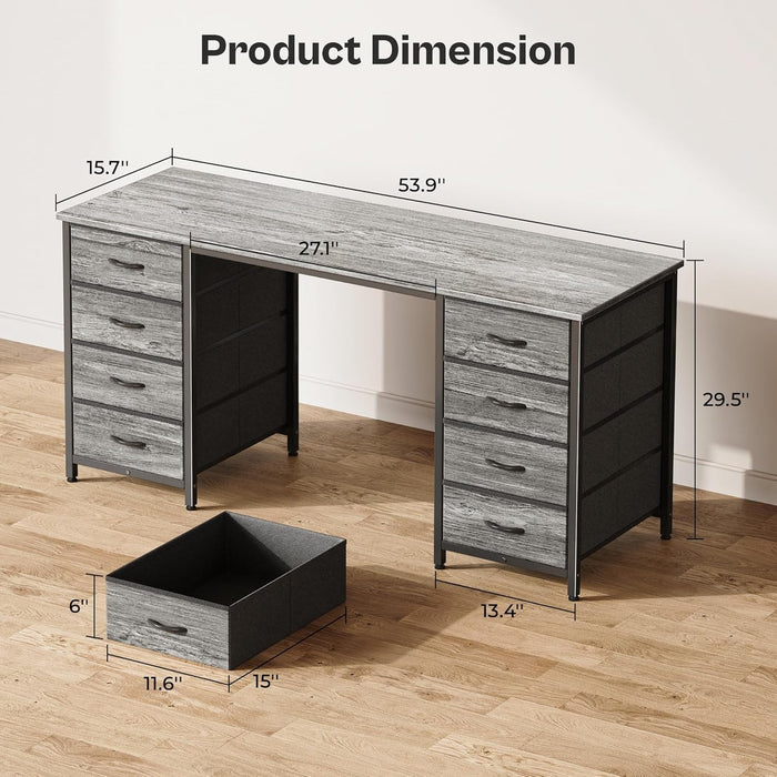 54 Inch Computer Desk with 8 Fabric Drawers, Office Desk for Home Office, Study, Gaming Desk with Drawers, Large Storage, Grey - ShipItFurniture