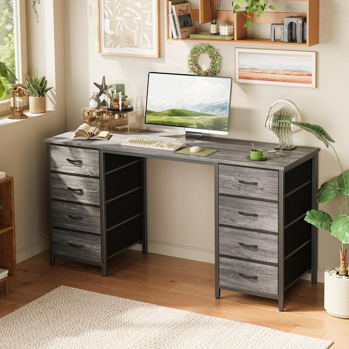 54 Inch Computer Desk with 8 Fabric Drawers, Office Desk for Home Office, Study, Gaming Desk with Drawers, Large Storage, Grey - ShipItFurniture
