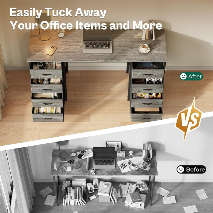 54 Inch Computer Desk with 8 Fabric Drawers, Office Desk for Home Office, Study, Gaming Desk with Drawers, Large Storage, Grey - ShipItFurniture