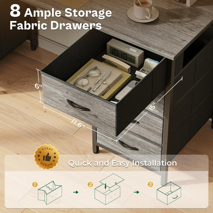 54 Inch Computer Desk with 8 Fabric Drawers, Office Desk for Home Office, Study, Gaming Desk with Drawers, Large Storage, Grey - ShipItFurniture