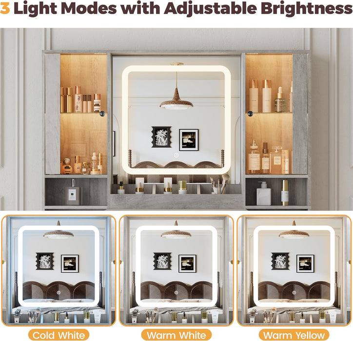 Vanity Desk with Mirror and Lights, Makeup Vanity with 7 Drawers, 2 Glass Door Cabinets, Charging Station, Adjustable Shelves, RGB Lighting, Holder