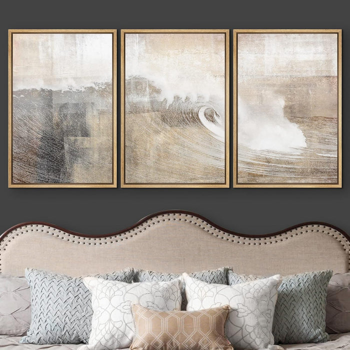 Framed Canvas Print Wall Art Set Gray & Tan Color Block Ocean Wave Overlay Nature Wilderness Digital Art Modern Art Rustic Scenic for Living Room, Bedroom, Office - 24"X36"X3 Natural