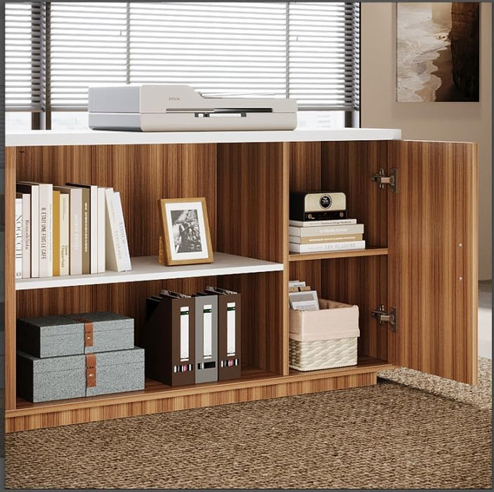 85Point8Inch L-Shaped Executive Desk White Walnut StorageCabinet