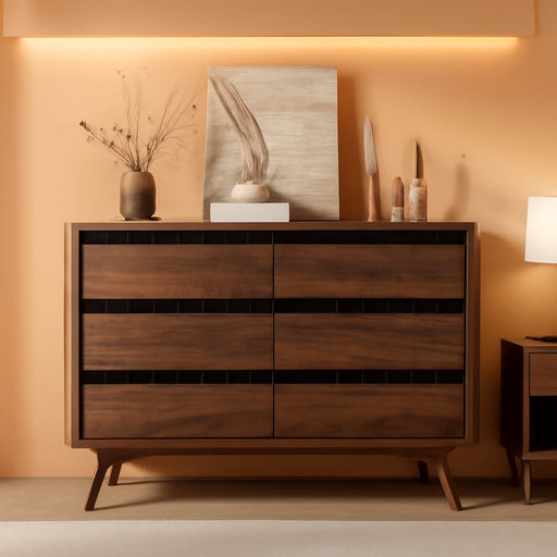 Fluted 6 Drawer Dresser for Bedroom, 47W X 31H, Modern Walnut Brown