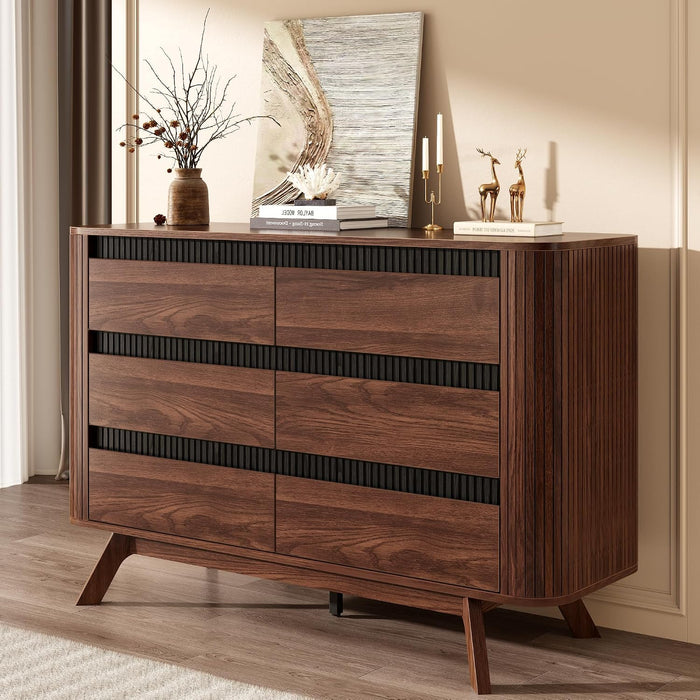 Fluted 6 Drawer Dresser for Bedroom, 47W X 31H, Modern Walnut Brown