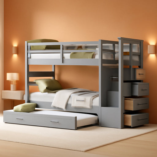 Twin over Twin Bunk Bed with Trundle and Staircase, Solid Wood Bunk Bed for Kids Teens Adults (Natural Gray)