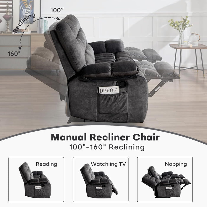 Reclining Couch for Living Room, 3 Seat Manual Recliner Sofa with Overstuffed Arms and Cup Holders,Flip Middle Backrest Design Sofa for Living Room, Bedroom, Grey