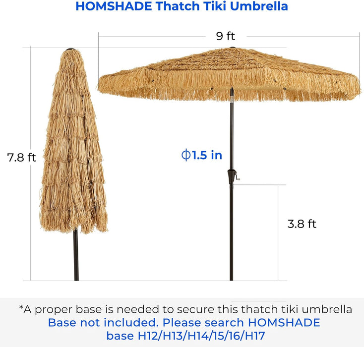 9Ft Hula Thatched Hawaiian Style Tiki Umbrella with Crank & Tilt, UPF 50+ Nylon Thatch & 220GSM Polyester Canopy, 8 Heavy-Duty Steel Ribs for Outdoor, Patio, Beach, Pool, Backyard, Garden
