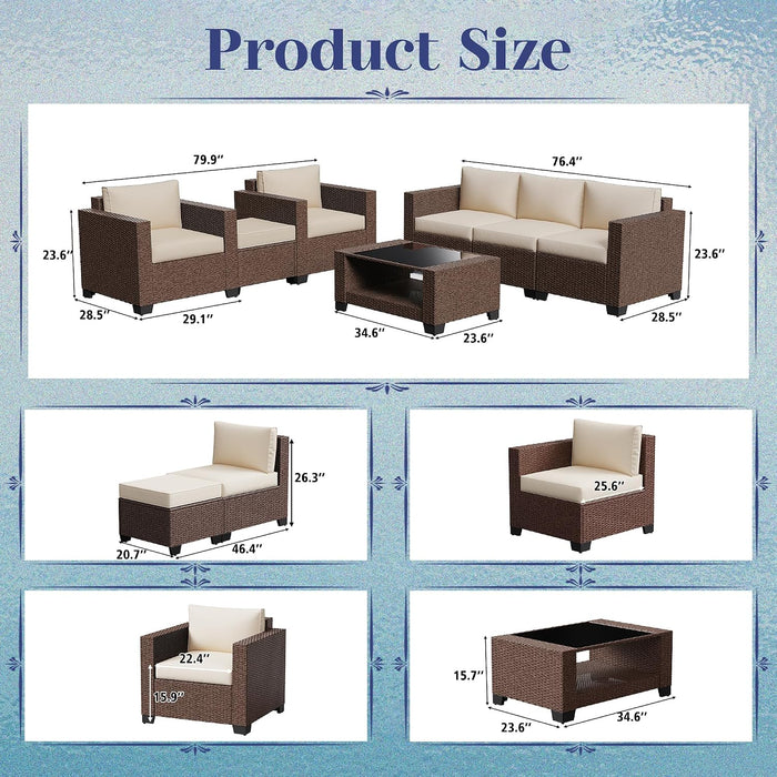 Patio Furniture Set 7 PCS Patio Conversation Sets, All-Weather PE Rattan Outdoor Sectional Sofa with Cushion and 2- Tier Glass Coffee Table（Brown/Beige）