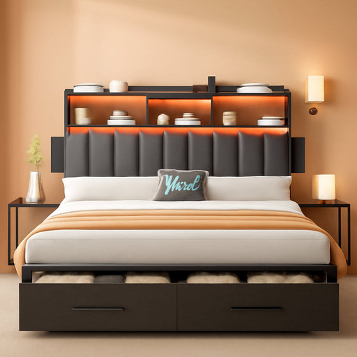 Queen Size with 2 Storage Drawers and Charging Station, Linen Upholstered Platform Bed with Storage Headboard and LED Light, Heavy Duty Metal Support, No Box Spring Needed, Noise Free, Dark Grey