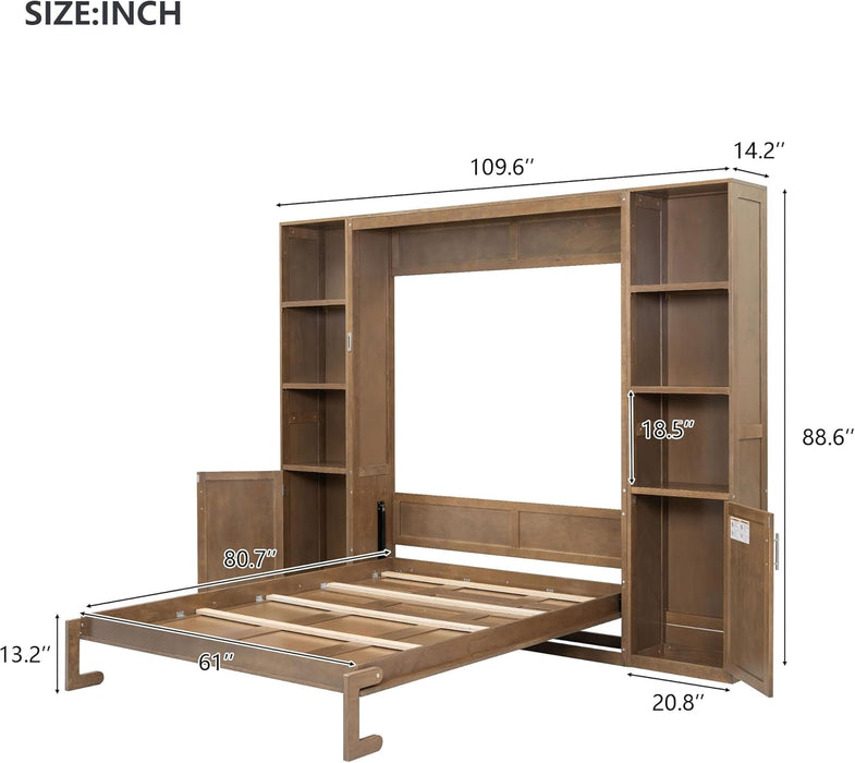 Queen Size Murphy Bed, Farmhouse Wall Bed Frame with Storage Shelves and Cabinets, Can Be Folded into a Cabinet, No Box Spring Needed, Wood