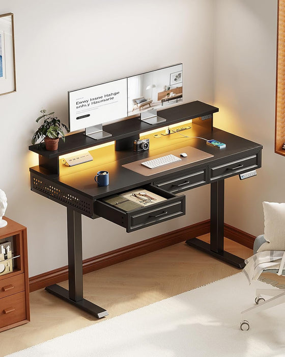 Electric Standing Desk with 3 Wooden Drawers, 48 Inch Height Adjustable Desk with Power Outlets & LED Lights, Black Sit Stand Table with Monitor Stand for Home, Office, Workstation