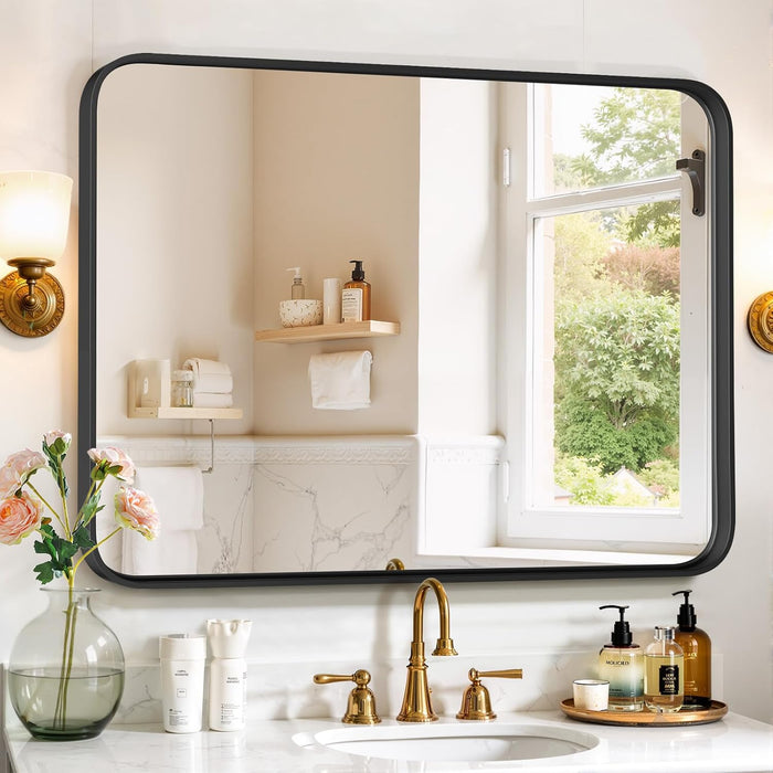 Bathroom Mirror 40X30 Inch Black Metal Frame Rectangle Vanity Mirror