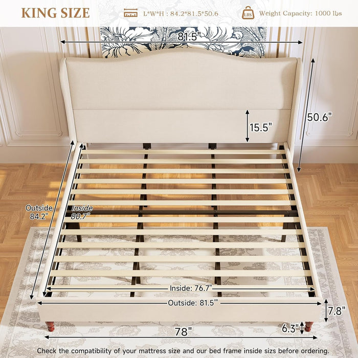 King Size Bed Frame Upholstered Platform Bed with 51" Tall Headboard Wingback, Soft Fabric, Retro Simple Style Platform Bed No Box Spring Needed, Easy Assembly, Beige