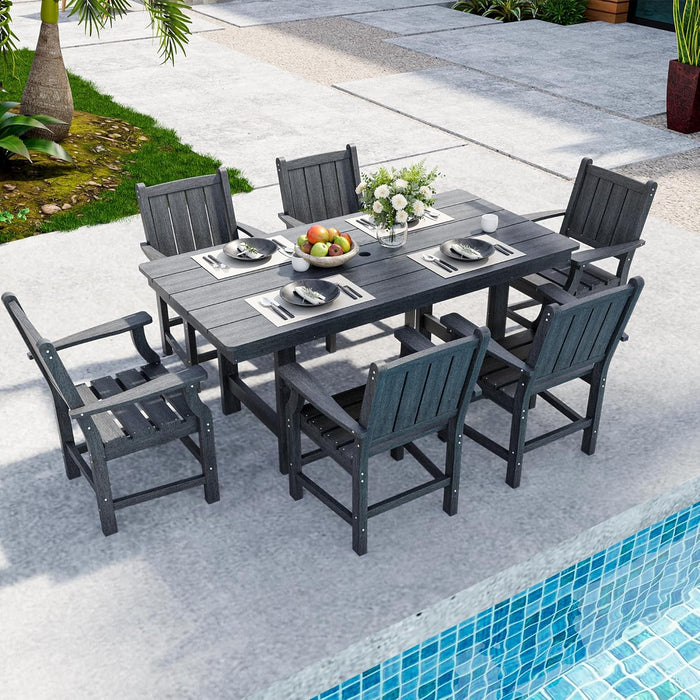 Wood Grain 7-Piece Outdoor Dining Set, Spacious HDPE Outdoor Furniture, Durable Patio Table and Chairs Set with Armrests and Umbrella Hole, Gray