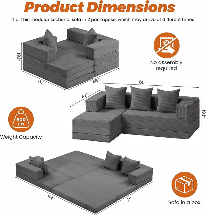 6-In-1 Tri-Folding Mattress | Cloud Boneless L-Shaped Modular Sectional Couches | Corduroy Pet-Friendly Convertible Futon Sofa Bed with 800LB Capacity Apartment, Guest Room, Game Room