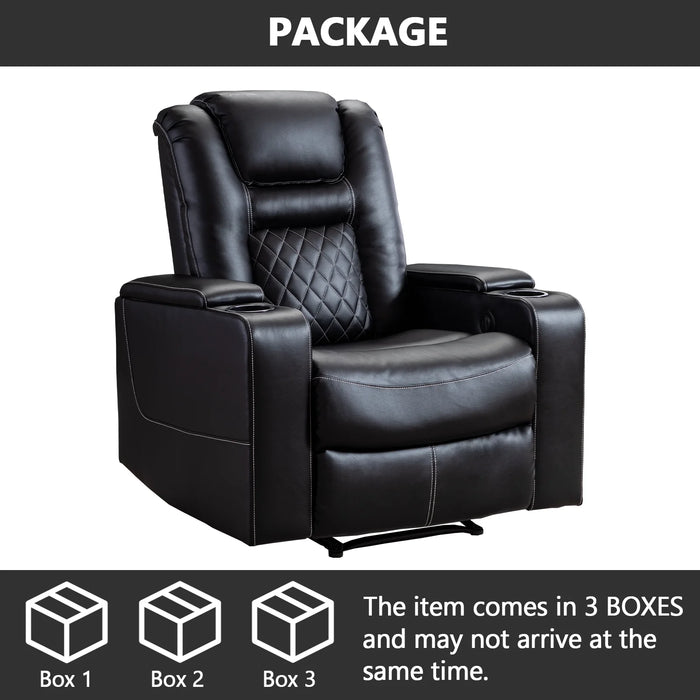 Power Electric Recliner Chair with USB Ports and Cup Holders Leather Home Theater Seating, Living Room Chair Black