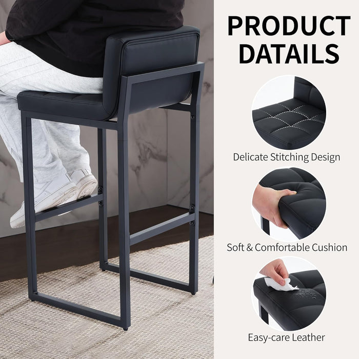 Bar Stools Set of 3, Upholstered Faux Leather Counter Height Barstools with Low Back and Thickened Metal Legs, Modern Bar Chairs for Kitchen Island, Bar (Black, 3Pcs 26" Counter Stools)