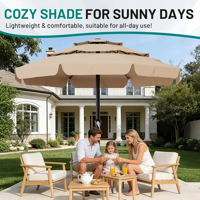 11FT 3-Tiers Patio Umbrella with Valance, Outdoor with Crank, Large Outdoor Market Umbrellas Vented with 8 Sturdy Ribs, Patio Table Umbrellas for Garden, Deck, Backyard, Pool, Beige